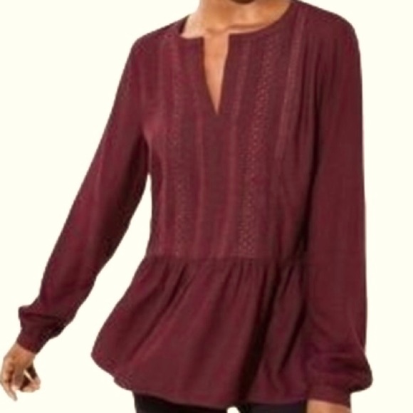 ANN TAYLOR LOFT Blouse Wine Burgundy Boho Bohemian Peasant Embroidered Womens XS - Picture 1 of 15